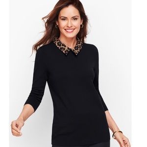 Talbots Black Blouse with Leopard Print Collar